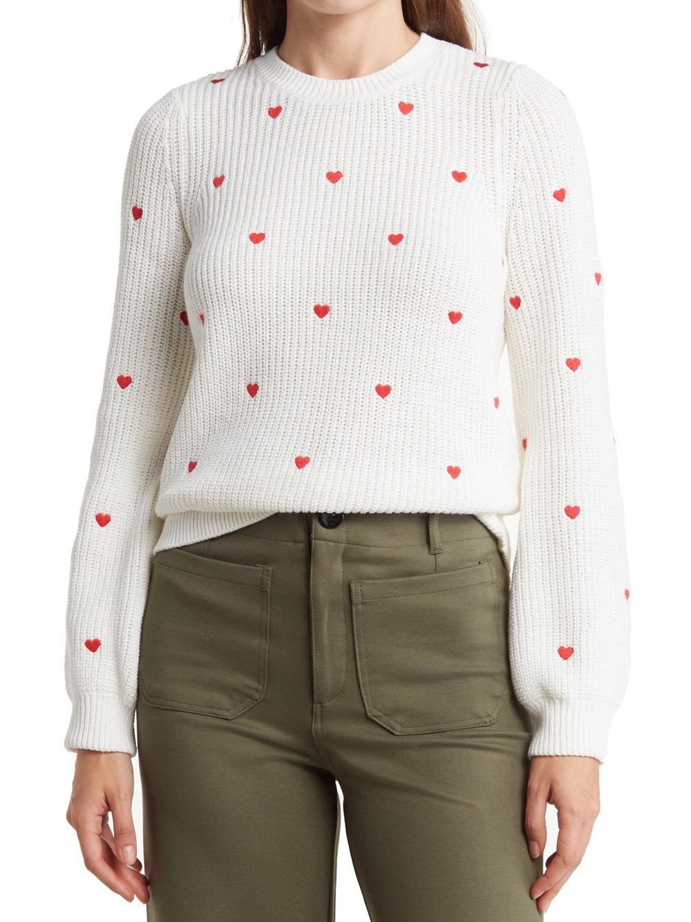 White Heart-Print Crewneck Sweater - Red Hearts